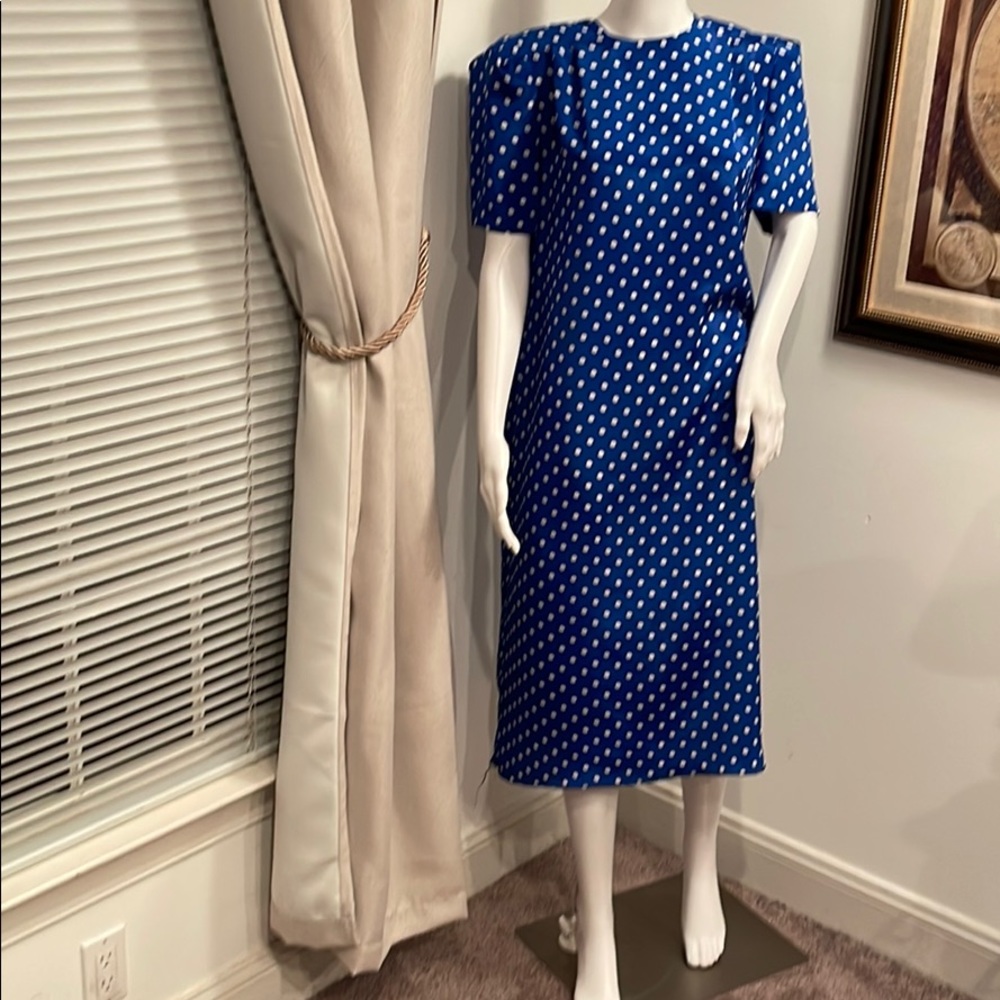MALOUF VINTAGE DRESS SIZE 10 BLUE WHITE POCKADOTS